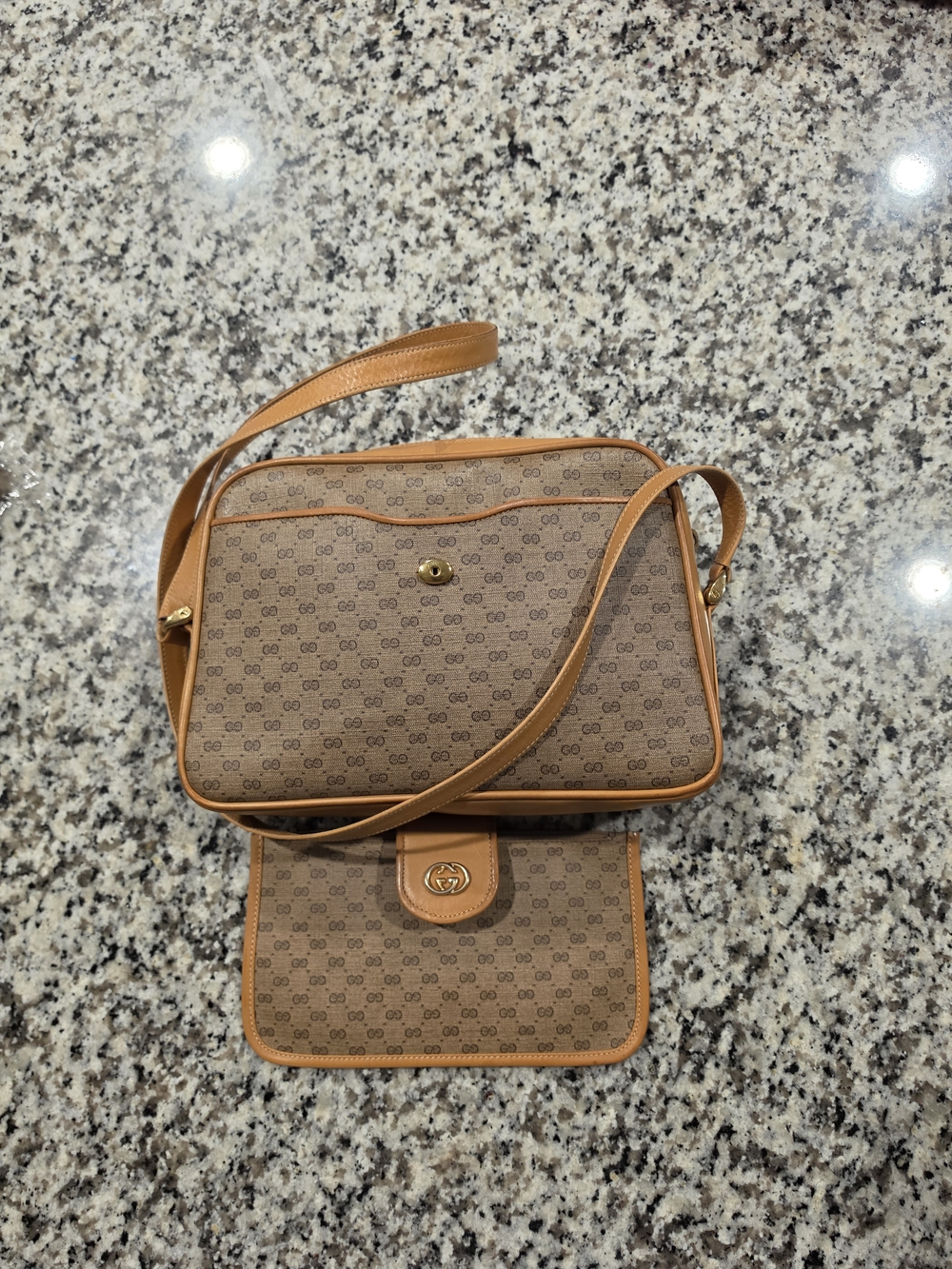 Gucci Brown Monogram Crossbody with Tan Leather Trim and Gold Hardware